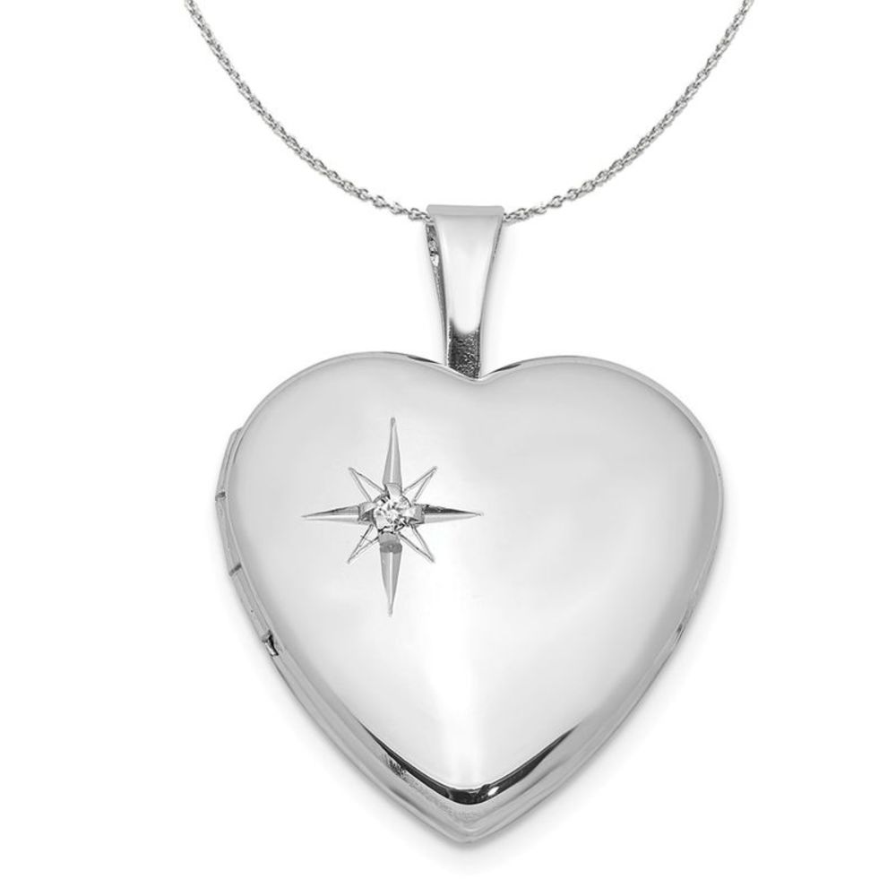 16mm Diamond Star Design Heart Shaped Silver Locket Necklace - 16 In